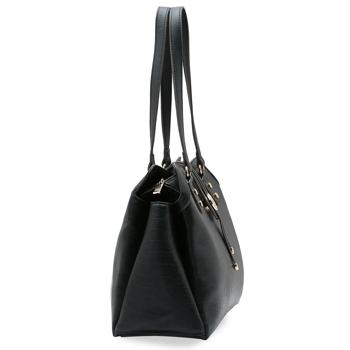 Bolsa feminina preta Chenson Mini Croco Tote vista lateral mostrando formato estruturado e alças longas
